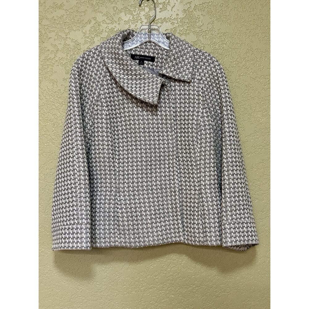 Anne Klein Women’s Belted Pea Coat Gray & White Lattice Pattern Size 8